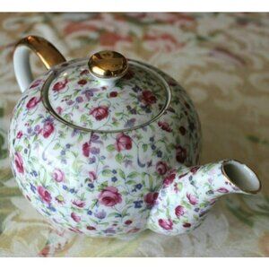 Vintage Multicolor Rose Floral White Gold Clarence Chintz China Teapot Tea Pot